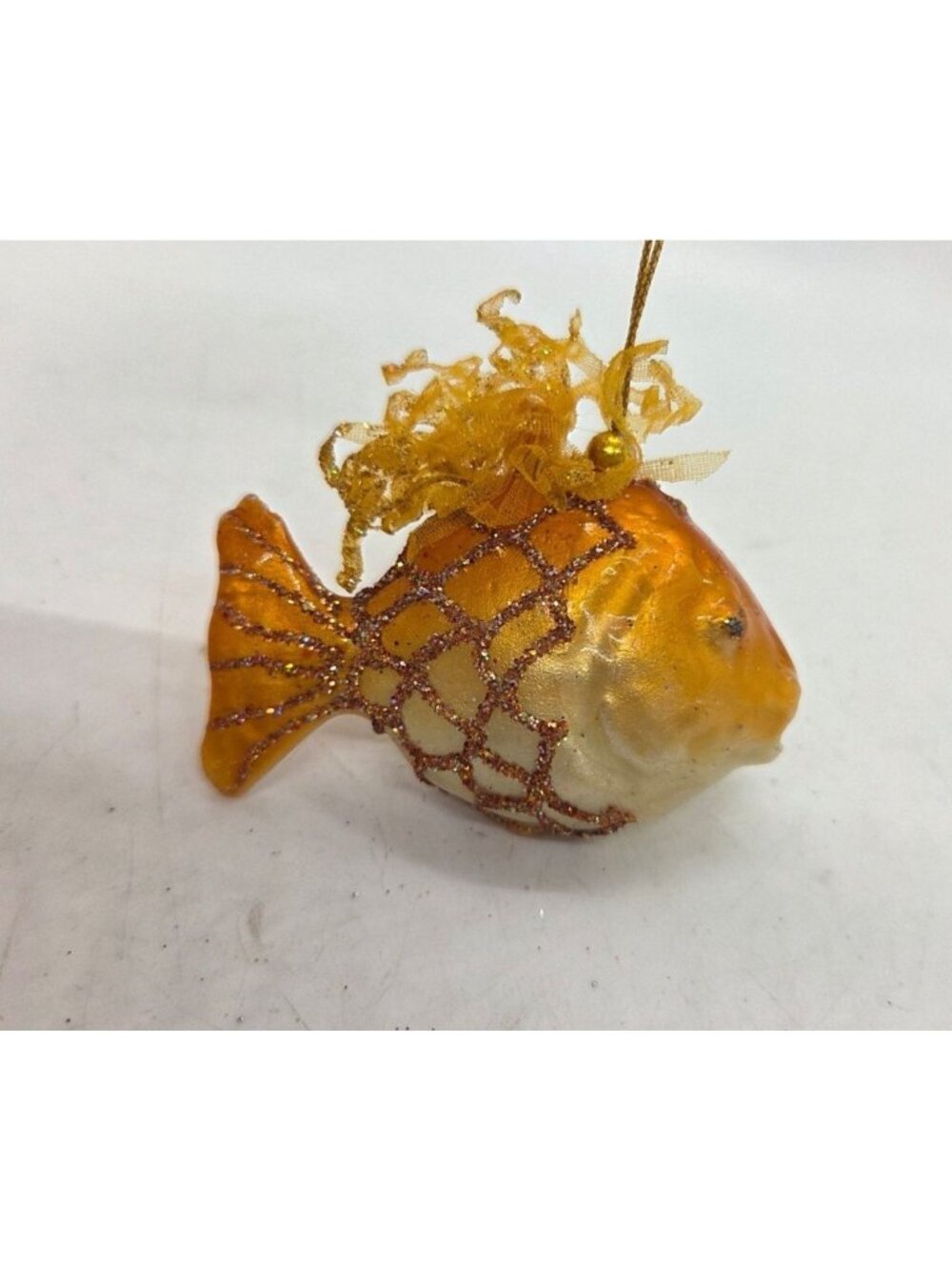 Gold Fish Ornament Orange Christmas Holiday Glittered Ribbon Glass 3"